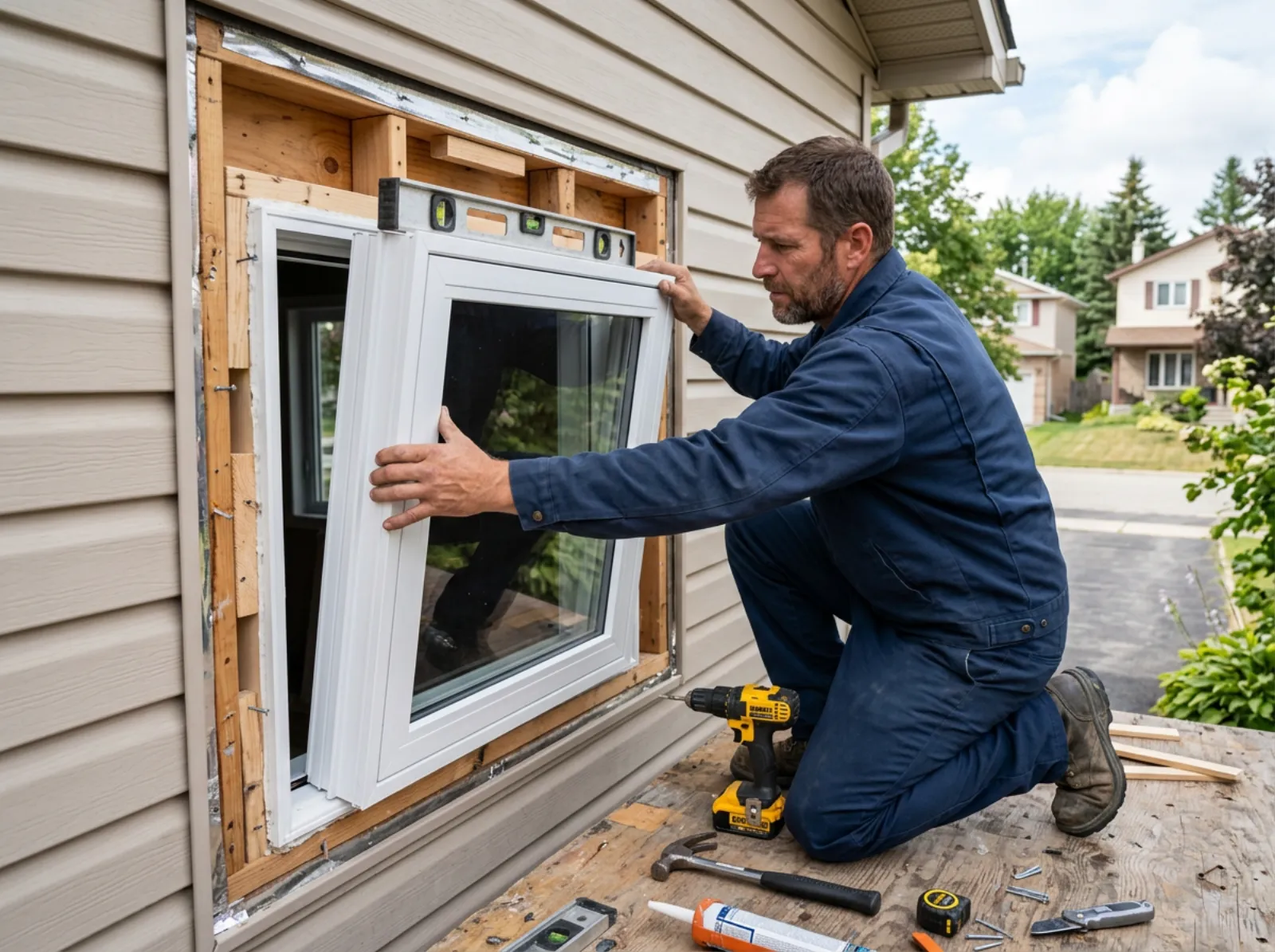 WindowFixers installer fitting a new white vinyl window into a home opening